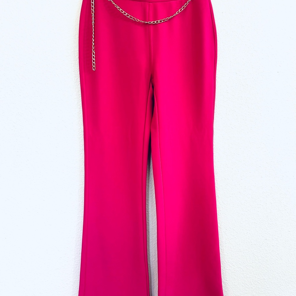 Vibrant Pink Flare Pants with Chain Accent